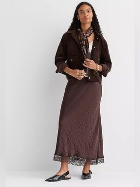 LOFT Brown Slip Skirt with Lace Trim